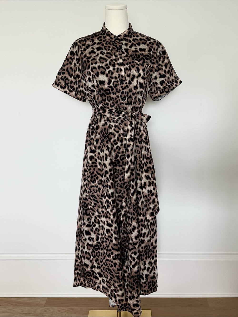 By Egreis Leopard Print Shirt Dress with Waist Tie - Brown/Black M